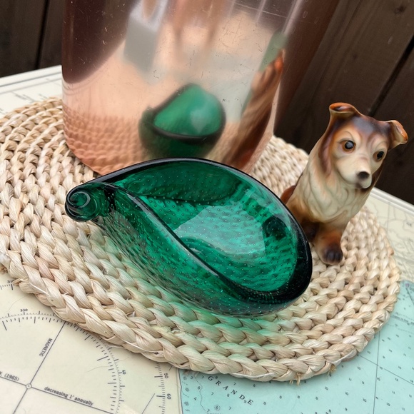 Vintage Green Bubble Glass Teardrop Vessel / Ashtray - Picture 1 of 7